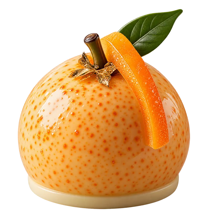 Praliné à l'orange glacé, décoré d'une feuille et d'un zeste confit